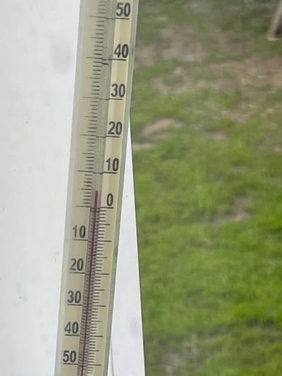 The image shows a thermometer reading approximately 5 degrees Celsius. The background is blurred, showing green vegetation. The location and actions cannot be determined. No people are visible.