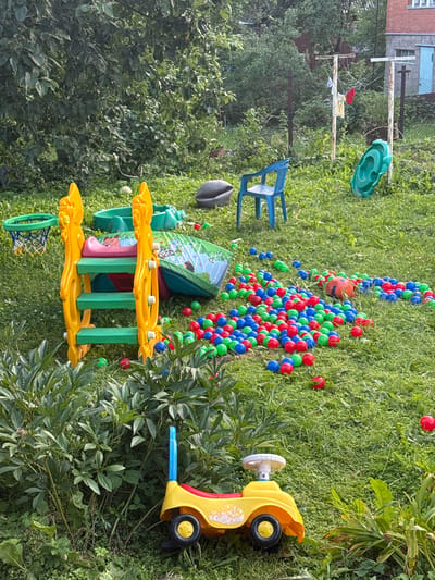 The image depicts a cluttered backyard in Дзержинец-83 Снт, Russia, filled with children's toys and overgrown vegetation. A yellow plastic slide with green steps is centrally located, accompanied by a blue plastic chair, a green plastic roundabout, and a basketball hoop. A large pile of colorful plastic balls, predominantly red, green, and blue, is scattered across the grass, along with an orange ball. A yellow toy ride-on car with a blue handle is positioned in the foreground. The environment appears unkempt, with tall grasses and leafy plants encroaching on the play area. In the background, a clothesline with laundry is visible, along with a portion of a brick building. The overall scene suggests a disused play area in a rural or suburban setting.