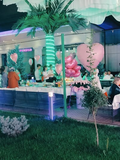 This media file depicts an outdoor evening event, likely a celebration, at a venue in Aksukent, Kazakhstan. The scene is illuminated by decorative lighting, including neon green lights wrapped around a palm tree and purple lights along a fence. Several people are visible, some seated at tables laden with food and drinks, while others are standing and interacting.
Prominent objects in the scene include a cluster of large pink heart-shaped balloons, a substantial bouquet of pink roses in a decorative vase, and lush green grass and plants. A palm tree, adorned with bright green lights, stands as a central visual element. Tables are set with white tablecloths, glassware, and food items, suggesting a catered event.
The overall atmosphere appears festive and celebratory. The presence of balloons and elaborate decorations points towards a special occasion, such as a birthday, anniversary, or wedding reception. The time of day is evening, as indicated by the artificial lighting and the dark sky. The weather appears to be clear.
Visible text includes "SAPPHIRE CLUB" written in neon pink lettering on a building in the background, identifying the venue. A partial word, possibly "GULZIMA," is visible on the vase holding the roses.