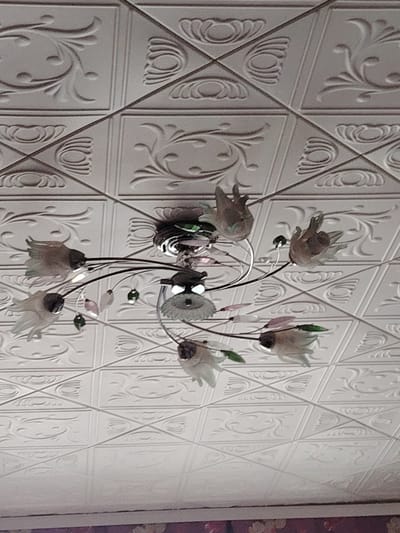 The media file displays an upward-facing view of an indoor ceiling in Yanaul, Russia, featuring a decorative chandelier against a patterned ceiling. The ceiling is covered with numerous light-colored, possibly white or off-white, square tiles. These tiles are embossed with intricate designs, predominantly a repeating grid of squares. Within these squares, two main patterns alternate: one is a graceful, scrolling floral or vine motif, and the other is a more geometric, concentric, or shell-like design. Diagonal lines run across the ceiling, sometimes intersecting the corners of the square tiles, adding another layer to the pattern.
A prominent chandelier hangs from the center of the ceiling. It features multiple curved, dark-colored metal arms emanating from a central metallic base. Each arm holds a translucent, light-colored shade, shaped like an inverted bell or a tulip, resembling frosted glass or plastic flowers. Dainty, leaf-shaped decorative beads or pendants, some green and some light pink or purple, are interspersed among the arms, adding splashes of color.
At the very bottom of the image, a narrow strip of a wall is visible, showing what appears to be a patterned wallpaper or border with floral designs, further indicating an indoor setting. There are no people visible, and no specific activity is taking place. The image is a static shot of the room's decor. No text is visible in the frame.