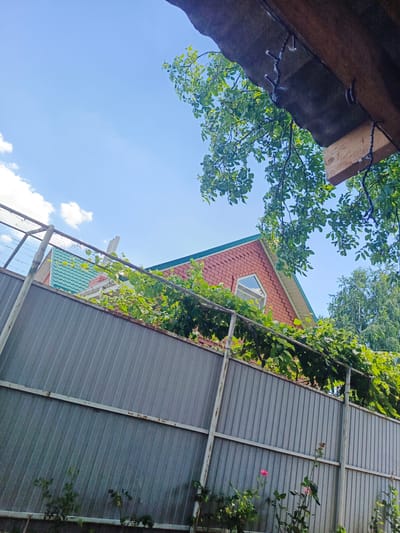 The image shows a view of the sky and a house in Staronizhestebliyevskaya, Russia. The sky is blue with a few white clouds. A red brick house with a green roof is visible behind a metal fence. Trees and foliage are present, with some branches extending into the foreground. The scene appears to be a residential area.
