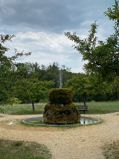 The image depicts an outdoor scene featuring a rustic fountain at its center. The fountain is constructed from rough-hewn stone, covered in moss, and has water spraying upwards. It is situated within a shallow, circular basin filled with green water, surrounded by a gravel pathway. To the right of the fountain, a wooden park bench is visible. The background consists of lush green trees and foliage, with a field stretching beyond. The sky above is overcast with gray clouds. The location is identified as the city of Laténa, Switzerland.