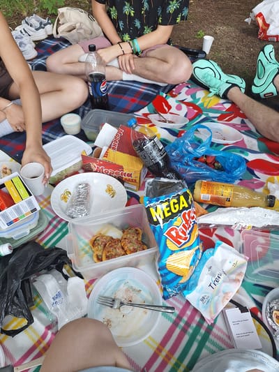 A group of people are having a picnic on a blanket spread on the ground. The picnic includes food such as mini pizzas, chips, and fruit, as well as drinks like Pepsi and juice. There are also plates, cutlery, and napkins, as well as wet wipes and a pack of cards. The people are dressed casually, and the overall atmosphere is relaxed. The picnic is taking place in an outdoor setting, possibly a park or a backyard. The ground is covered with dry leaves and grass, indicating an autumnal setting. The people are sitting on the blanket and enjoying their food and drinks. The scene is well-lit, with natural light illuminating the picnic. The background shows some trees and vegetation. The presence of a bottle of Pepsi and a bag of chips suggests a casual gathering. The cards on the blanket may indicate that the group is playing a game or engaging in conversation. The overall impression is one of a pleasant and enjoyable picnic with friends. The location is Panagyurski kolonii, Bulgaria.