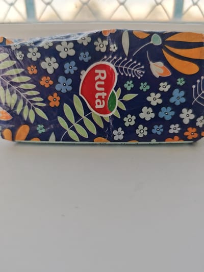 A close-up, eye-level shot shows a package of tissues with a floral pattern on a white surface. The tissue package is predominantly blue with various colorful floral designs including white, light blue, and orange flowers and green leaves. A red oval logo with the word "Ruta" in white lettering is visible on the front of the package. The background shows a blurred lattice pattern, likely from a window. The image is of a tissue package in Prirechnoye, Kazakhstan.