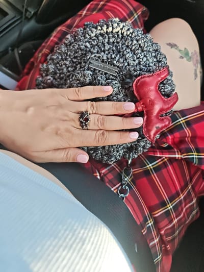 The media file shows a close-up of a person's hand resting on a textured gray bag with a red leather embellishment. The person is wearing a ring with dark red stones on their ring finger, and their nails are painted a light pink. The background features a red and black plaid fabric, possibly clothing, and a hint of a light blue ribbed garment. A tattoo of a rose can be seen on the person's thigh. A metal clasp and ring are attached to the bag. The image appears to have been taken indoors, possibly in a car, given the presence of a seatbelt. The lighting suggests it could be daytime. No specific activity is evident beyond resting. The visible text on the bag reads "zhukova.ru". The setting context provided is посёлок опытного хозяйства «Ермолино», Russia.