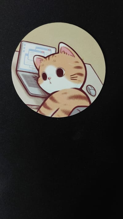 A circular sticker with a cartoon illustration of a tabby cat sitting at a laptop is displayed against a black background. The cat has large, dark eyes and is depicted from the chest up, facing towards the left. A silver laptop with a light blue screen displaying multiple windows is positioned to the cat's left. A computer mouse is visible to the cat's right. The background of the sticker is a light beige color. The sticker is partially visible, with its lower edge cropped out. The black background appears to be a textured surface. The image lacks any discernible features related to the city of Oleśnica, Poland.