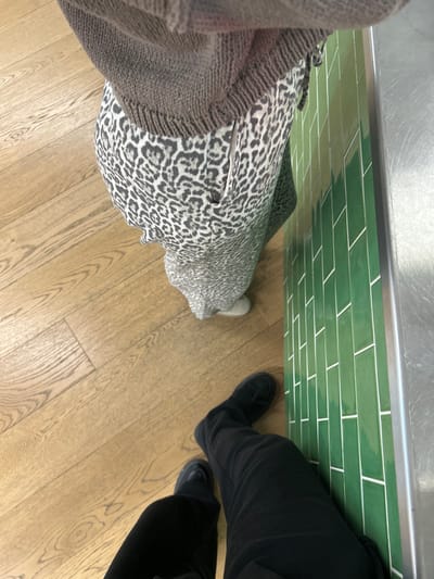 The image depicts a high-angle view of the lower bodies of two individuals standing indoors. One individual, positioned centrally, wears a dark grey knitted sweater and light-colored trousers with a grey and black leopard print pattern, with a single light-colored shoe visible. The second individual, positioned at the bottom of the frame, wears black trousers and dark, low-cut shoes. They stand on a light brown wooden floor composed of planks. To the right, a vertical surface is covered with glossy rectangular green tiles arranged in a staggered pattern with light-colored grout, bordered by a vertical metallic silver-toned strip. The exact location within Garston, United Kingdom, cannot be determined from the visual evidence.