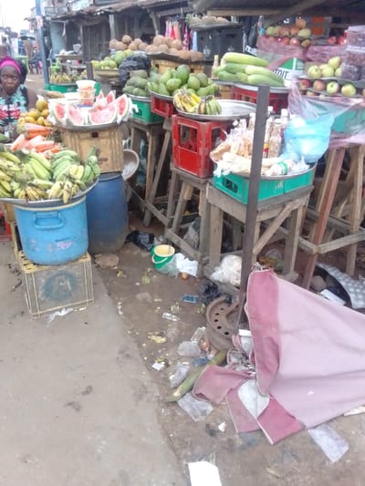 The image shows a street market stall in Sapele, Nigeria. It is located at the coordinates 5.95 latitude and 5.695 longitude. There are a variety of fruits and vegetables for sale on display, including watermelons, bananas, mangoes, and cucumbers. There are several wooden stands with fruit arranged on top of them. A woman is standing behind a stall with her back turned to the camera. The ground is dirty and there is litter scattered around the stall, including plastic bags, food wrappers, and a large red cloth on the ground. There are a few wooden crates and a large blue barrel on the ground. A small blue plastic bucket can be seen in the foreground, near the wooden stands.