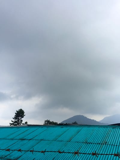 The image presents an exterior scene in Koipa, Papua New Guinea. A heavily overcast, grey sky dominates the upper two-thirds of the frame. The lower third is occupied by a teal-colored corrugated metal roof. A single strand of barbed wire runs horizontally across the extreme bottom edge of the image, positioned in front of the roof. Above the roofline, a tall, dark green coniferous tree is visible on the left. In the background, a series of dark green, forested mountains and hills extends, with their upper sections partially obscured by the prevailing low cloud cover. No individuals, animals, or human activities are discernible within the frame.