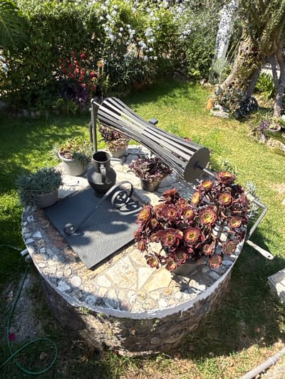 In the Municipal Unit of Meliteieis, Greece, a circular well-like structure with a mosaic of stones and pebbles forms the base of the scene. On top of the structure, a metal grate with a decorative handle lies on the left, and a dark pitcher sits behind it. To the right of the grate, a cluster of burgundy and yellow succulent plants fills a pot. In the background, lush green grass, hedges, and flowering bushes create a vibrant garden setting. A large, gnarled tree trunk is visible on the far right, and part of a metal object, possibly a grill or decorative element, is angled across the scene from the left background towards the center. The sun casts distinct shadows on the well and the surrounding grass.