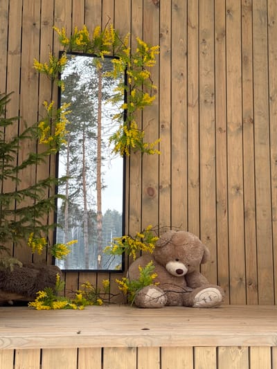 The scene depicts an outdoor or semi-outdoor space in Mishkino, Russia, characterized by a wooden structure. A large, black-framed, vertically oriented rectangular mirror is mounted centrally on a wall constructed of vertical light-brown wooden planks. The mirror reflects a coniferous forest, primarily featuring tall evergreen trees, under an overcast sky. Adorning the mirror and resting on the horizontal wooden plank floor are numerous branches of yellow flowers, consistent with mimosa or acacia, interspersed with green fern-like foliage. To the right of the mirror, a large, light-brown plush teddy bear sits upright on the wooden floor. The bottom of its right foot is visible, displaying "I love you" in dark lettering. To the left of the mirror, a portion of a live evergreen plant, likely a small fir or spruce tree, is visible, extending upwards from the bottom left. Adjacent to the plant, on the floor, is a dark, shaggy object, possibly a faux fur cushion or throw. No human subjects are present in the image.