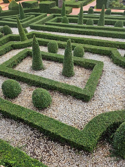 The image depicts a meticulously maintained garden with intricate hedge mazes and sculpted topiary. Located in Na Chom Thian, Thailand, the garden features precisely trimmed green hedges forming geometric patterns, including squares and sharp turns, interspersed with pathways covered in light-colored gravel. Several conical and spherical topiaries are strategically placed within the maze. The overall scene suggests a formal garden design, emphasizing precision and order, with a focus on evergreen foliage. No people are visible in the frame.