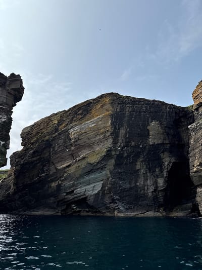 The image shows a dramatic, towering cliff face made of layered rock, likely basalt. The rock is dark gray and black, with streaks of lighter gray and patches of yellow and brown, possibly due to mineral deposits or lichen. The cliff is steep and rugged, with visible strata indicating its geological formation. Several white birds, likely seabirds, are perched on ledges or in flight near the cliff face. The cliff meets the dark, choppy water of the sea at its base. In the background, the sky is a pale blue with thin, wispy clouds. To the left, another section of cliff is visible, appearing taller and more sheer. The scene suggests a coastal or island environment, characteristic of the Shetland Islands, United Kingdom, known for its dramatic sea cliffs and birdlife. No people or man-made structures are visible.