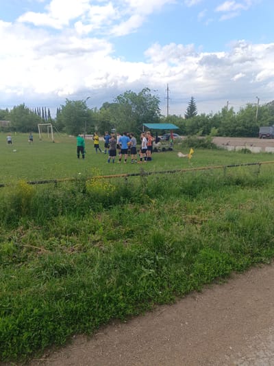 In Tolbazy, Russia, a group of young boys are gathered on a grassy sports field, seemingly for a soccer practice. A goalpost is visible in the background, suggesting the field is equipped for soccer. The boys are dressed in athletic attire, with some wearing soccer jerseys and shorts. One boy in a green uniform appears to be the coach, while the others are in various colored shirts and shorts. A few adults are also present on the field, observing the activities. The weather appears to be overcast with scattered clouds. The surrounding area features trees and a fence, and the ground is a mix of grass and dirt.