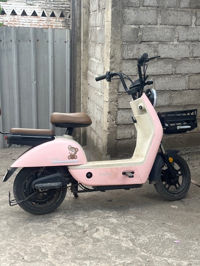 A pink and beige electric scooter is parked on a light gray concrete surface in Desa Batu Layar, Indonesia. The scooter, oriented to the right, features a predominantly pink exterior with a cream-colored step-through section. It has two brown padded seats, black handlebars, a round front headlight, and a black wire basket mounted above the front wheel. Black multi-spoke wheels are fitted with black tires. The brand "EXOTIC" is visible on the lower front side panel, and "BY-529" with a brown teddy bear graphic is on the rear side panel. The scooter shows signs of minor wear and dirt accumulation. The immediate background on the right consists of a rough, unpainted concrete block wall. To the left, a corrugated silver metal fence or gate is visible, behind which a brick structure with a sawtooth-patterned top edge is partially observed. No individuals or active interactions are present in the scene.