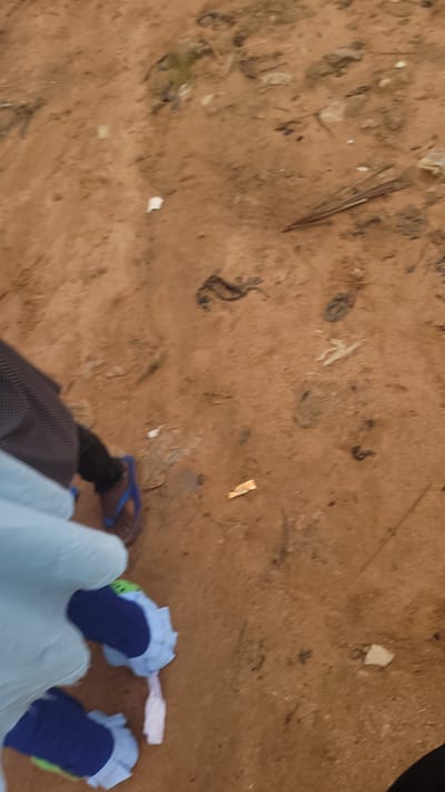 The image shows a ground level view of a sandy area, likely in Jalingo, Nigeria. The ground is predominantly brown sand with scattered debris, including dry leaves, twigs, and small pieces of plastic or paper. In the lower left quadrant of the image, a person's legs and feet are visible. They are wearing blue socks with green accents on the toes, and a pair of blue flip-flops. A light blue garment, possibly fabric, is draped over their lower legs. The person appears to be standing or walking on the sandy ground. The overall impression is of an outdoor environment, possibly a street, path, or undeveloped area within the city of Jalingo. The lighting suggests it is daytime, and the image is slightly blurred, indicating movement or a less than perfect focus.