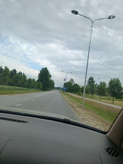 The image shows a view from inside a vehicle, looking forward along a paved road lined with trees. The road has white dashed lines marking the lanes. On the right side of the road, there is a sidewalk and a grassy area with scattered trees. A tall lamppost with two lights is visible on the right. The sky is overcast with clouds. In the distance, a few cars are visible on the road. The dashboard of the vehicle is visible in the foreground. This scene appears to be on a road entering or exiting the city of Viļāni, Latvia, given the presence of well-maintained trees and lampposts lining the road, typical of urban or suburban infrastructure in Latvia.