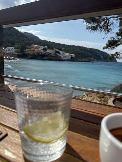 A forensic examination of the image reveals a sunlit coastal scene observed from an elevated perspective, likely a terrace or balcony, located in the city of Andratx, Spain. In the immediate foreground, a textured clear glass, out of focus, contains a lemon slice partially submerged in a transparent liquid. To its right, a portion of a white ceramic cup holding a dark liquid is visible. Both containers rest on a light brown wooden surface, which also functions as a railing. Below this wooden element, a reflective horizontal metal railing extends across the lower portion of the frame.
The midground displays a body of clear, turquoise-blue water, characterized by gentle wave activity near the shore. The distant coastline features rocky formations ascending into hills densely covered with green foliage. Scattered across these hillsides are numerous white and light-colored buildings, indicative of residential or resort architecture, overlooking the bay. The background consists of further forested hills under a bright blue sky with sparse white clouds. No human subjects are present.