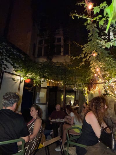 The image depicts an outdoor seating area of a restaurant or bar at night, illuminated by string lights and a few ambient bulbs. The setting appears to be a courtyard, with ivy and foliage draping from the surrounding buildings. In the foreground, several patrons are seated at tables. A man with grey hair is seated on the left, facing away from the camera. To his right, a woman with dark hair pulled back and wearing a patterned dress is looking towards the man. Further back, other individuals are visible, some engaged in conversation, while others are looking in different directions. The architecture of the building visible in the background suggests an older urban environment, possibly in a European city. The overall atmosphere is relaxed and social, characteristic of an evening gathering at an establishment. The image appears to be taken in Belgrade, Serbia, given the visual context of such courtyards often found in the city.