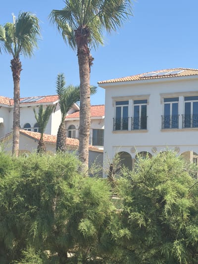 In Pervolia, Cyprus, a bright, sunny day is captured featuring a segment of a modern villa and lush vegetation. The villa, painted white with a terracotta tile roof, displays a clean architectural style. Several windows with decorative black wrought-iron railings are visible on the upper floor, reflecting the clear blue sky. Solar panels are discreetly integrated into the roofline. In the foreground, dense green bushes and trees partially obscure the lower part of the villa. Tall palm trees, characteristic of the Mediterranean climate, stand prominent, their fronds gently swaying. The surrounding environment suggests a coastal or well-maintained residential area.