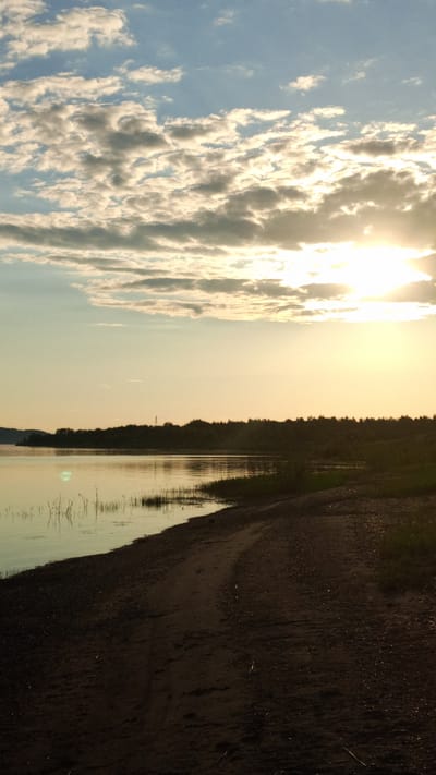 The image depicts a serene landscape scene captured at either sunrise or sunset in Шолья, Russia. The sky, occupying the upper portion, is light blue with numerous scattered white and grey clouds, some of which are illuminated warmly by the sun. The sun itself is a bright, intense light source located in the upper right quadrant, partially obscured by clouds, casting a strong glare.
Below the sky, a calm body of water extends from the left mid-ground towards the center-right, reflecting the warm hues of the sky and sun. The far bank of the water features a dense, dark green treeline, appearing as a silhouette against the brighter horizon. In the distant left, subdued hills are visible, and a thin, dark vertical structure, possibly a communication tower, rises above the treeline in the mid-left.
The foreground consists of a dark brown to black sandy or gravelly shoreline that curves along the water's edge from the lower right towards the center. A distinct, lighter-colored dirt path or track is visible on this ground, curving towards the water. Sparse green vegetation, primarily tall grasses or reeds, grows along the immediate water's edge, particularly on the left side of the foreground shoreline. The lighting indicates a low sun angle, illuminating the sky and reflecting on the water, while the foreground and distant treeline are largely in shadow or silhouette. No individuals or animals are present in the scene.