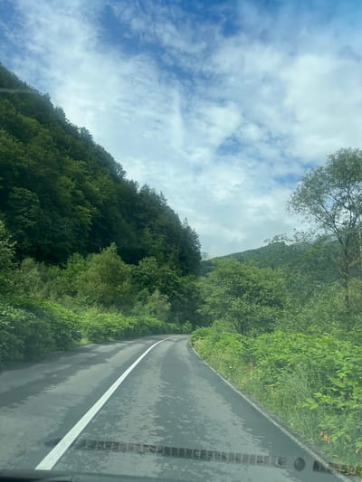 The image depicts a scenic view of a winding asphalt road with a white dividing line, passing through a lush, green mountainous landscape. The road appears wet, suggesting recent rain. Dense forests cover the slopes of the mountains on both sides of the road. The sky above is partly cloudy with scattered white clouds against a blue background. The perspective suggests the photo was taken from within a vehicle, looking forward along the road. The location is identified as Kostylivka, Ukraine. There are no people visible in the image.