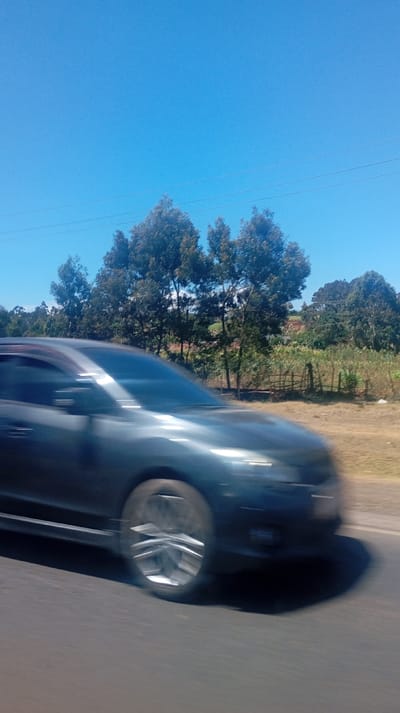 A blurry image shows a gray car speeding on a road under a clear blue sky. Trees line the horizon behind the car. Power lines stretch across the upper portion of the image. The car appears to be in motion, indicated by the motion blur affecting both the vehicle and the ground beneath it. A fence can be seen on the right side of the frame, with green vegetation beyond it. The scene suggests a drive through a semi-rural landscape.