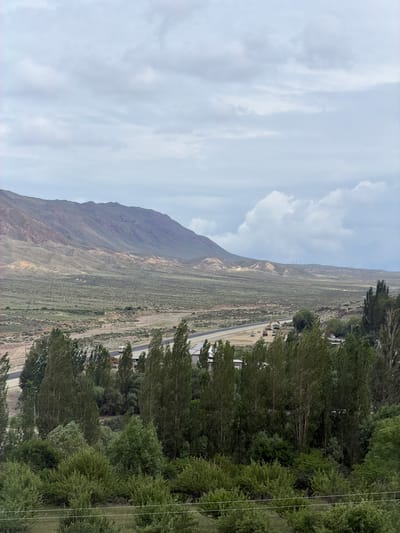 This is an outdoor, medium-distance, eye-level shot of a mountainous landscape in Кызыл-Туу, Kyrgyzstan. The foreground is dominated by lush green trees and bushes. In the mid-ground, a paved road runs horizontally across the frame, with vehicles including what appears to be a white van, cars, and construction equipment such as an excavator visible. Beyond the road, the terrain transitions to arid, rolling hills covered in sparse vegetation. In the background, a large, imposing mountain range with steep slopes and visible geological strata dominates the horizon under a cloudy sky. The clouds are a mix of light and dark gray, suggesting an overcast or potentially stormy day. The overall impression is of a vast, natural landscape with human elements present in the form of infrastructure and activity.