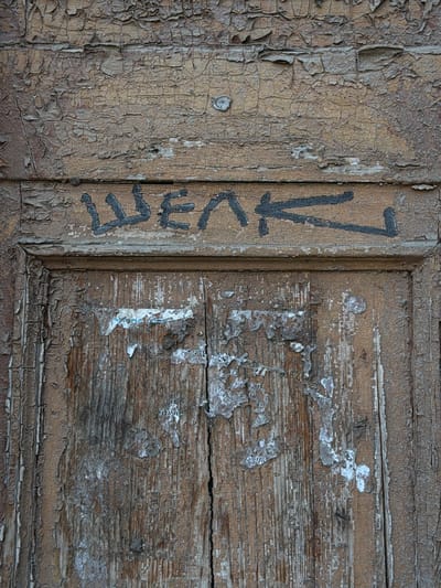 The image shows a close-up of a weathered wooden door in Taganrog, Russia. The door is made of vertical planks with a central seam. The wood is a reddish-brown color and heavily distressed, with peeling paint and visible grain. There are remnants of torn posters and papers adhered to the lower section of the door. Black graffiti, appearing to be Cyrillic letters, is spray-painted across the upper section of the door. The graffiti is roughly applied, with thick, blocky strokes. The overall impression is one of age, neglect, and urban decay.