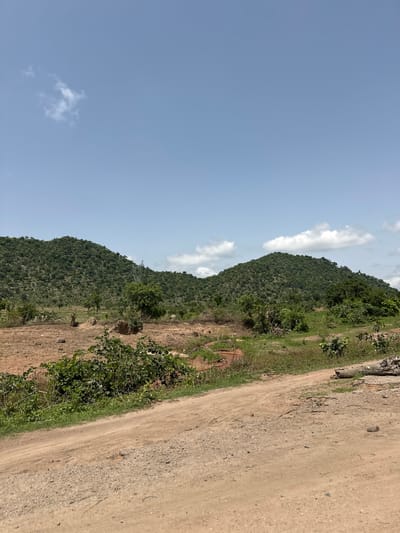 The image depicts a rural landscape in Lankoviri, Nigeria, featuring rolling, tree-covered hills under a clear blue sky with scattered white clouds. A dirt road curves through the foreground, separating an area of sparse vegetation and dry earth from the lush green hills. In the middle ground, a single figure, possibly a person, is visible standing near a small mound of earth. To the right of the dirt road, a large, weathered log lies on the ground. The environment appears arid and undeveloped, indicative of a natural or agricultural setting.