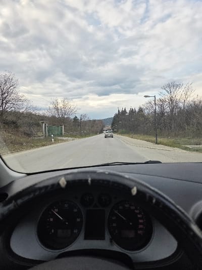 The image presents a forward view from inside a stationary or slow-moving vehicle on an asphalt road in Negorci, North Macedonia. The bottom third of the frame shows the top portion of a dark, worn steering wheel, revealing elements of the dashboard and instrument cluster with two primary circular gauges, both indicating low or zero values.

The road, appearing as two lanes without distinct markings, extends centrally into the distance under an overcast sky filled with light grey and white clouds. On the left side of the road, an unpaved shoulder borders a slight incline covered with bare deciduous trees and shrubs. A dark green metal gate is partially visible on the left, set back from the road. Further down on the left, a white rectangular road sign is visible.

On the right side of the road, a similar unpaved shoulder adjoins more bare trees and a dark street light pole with an extended fixture. In the mid-distance on the road, a white passenger vehicle is observed, facing the camera's direction, with another, possibly larger, white vehicle visible further behind it. The horizon features distant, tree-covered hills under the cloudy sky.