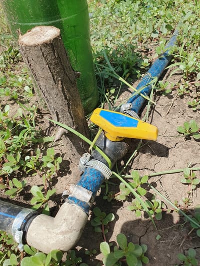 In the city of Novoivanivka, Ukraine, a close-up, overhead shot reveals a watering system setup on dry, cracked earth, interspersed with low-lying green vegetation. A rough-cut wooden post, approximately 15cm in height, stands vertically to the left of center, leaning slightly towards a large, out-of-focus green plastic bottle or container. Connected to the bottle is a black pipe that transitions into a blue, braided hose secured by a metal clamp. A yellow and blue valve handle is attached to the black pipe, positioned to the right of the wooden post. Further along, the blue hose connects to a light-colored PVC elbow fitting, also secured by a metal clamp, which then connects to another black pipe. The scene is illuminated by direct sunlight, casting shadows from the vegetation and the wooden post onto the ground.