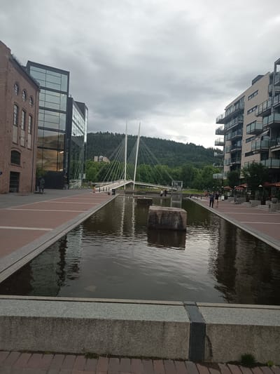 The image depicts a cloudy day in an urban setting, likely Drammen, Norway, with a focus on a wide, shallow rectangular pool of water. The water reflects the overcast sky and the surrounding architecture. In the foreground, the pool is bordered by a gray, granite-like material, with a brick walkway visible at the very bottom of the frame. A large, rough-hewn stone boulder sits in the middle of the pool.
Beyond the pool, a modern white cable-stayed bridge spans across a body of water (likely a river or canal), connecting to a tree-lined embankment and a hilly landscape in the background. The bridge has two prominent white towers from which cables extend to support the walkway.
To the left of the pool, a historic brick building with arched windows stands next to a contemporary glass-fronted building. To the right, a multi-story apartment building with balconies and large windows overlooks the scene.
Several people are visible in the mid-ground, walking along the paved area near the apartment building and crossing the bridge. The overall atmosphere is calm and slightly subdued, consistent with an overcast day. The time of day appears to be late afternoon or early evening. There is no visible text in the image.