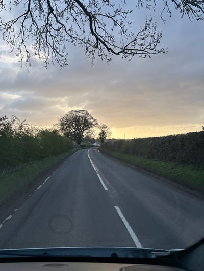 The image depicts a rural road scene near Ruyton-XI-Towns, United Kingdom. The road is asphalt with a central broken white line marking. A thick green hedge lines the right side of the road, while a bare tree with visible branches stands to the left against a cloudy sky. The horizon suggests the possibility of dawn or dusk, with lighter tones breaking through the clouds. The scene is taken from inside a vehicle; parts of the vehicle's interior are visible on the right. No people are visible.