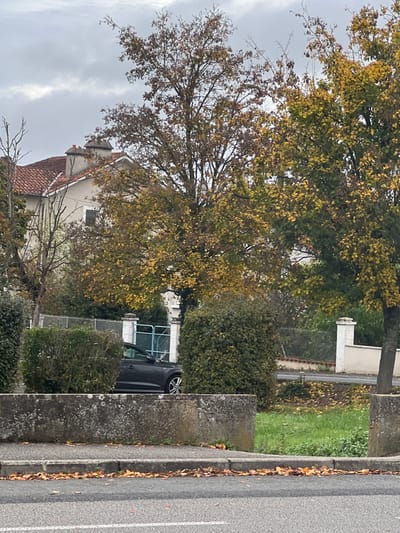 The image depicts an autumn street scene in Buxerolles, France, under an overcast sky. In the foreground, a dark grey asphalt road with a white broken line is visible, along with a concrete curb. Scattered orange and brown autumn leaves are present on the road and curb. Immediately behind the curb is a weathered, lichen-covered concrete barrier or retaining wall.
Beyond this barrier, a dark grey sedan, possibly a Hyundai Tucson, is partially visible, parked facing left between two dense, green trimmed hedges. Only the front half of the vehicle's side profile, including the front wheel with a multi-spoke rim, is discernible. Behind the vehicle and hedges, a blue metal gate and a chain-link fence are visible, flanked by white concrete fence posts. A secondary asphalt road or path runs parallel to the foreground road, beyond this fence line.
In the mid-to-background, a two-story house with light-colored walls and a red tiled roof featuring multiple chimneys is partially obscured by trees. The landscape is dominated by deciduous trees displaying various stages of autumn foliage, ranging from vibrant yellow-green to deep orange and brown, with some bare branches. Green grass and scattered leaves cover the ground between the secondary road and the house. No individuals or discernable activities are present in the scene.