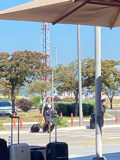 In Golubovci, Montenegro, on a clear day, two individuals in uniform are visible near an airport. The primary subject is a woman in a dark uniform consisting of a vest over a white shirt and a dark skirt. She is walking and pulling two black wheeled suitcases. Her hair is pulled back. To her right, a second person, also in uniform with a dark vest over a white shirt and dark pants, is pushing a stack of two black wheeled suitcases. They are positioned on a paved surface, possibly a road or walkway, with orange traffic cones visible nearby. In the background, trees with pinkish-red blossoms are present, along with a tall red and white tower structure. A white car is parked to the left. The scene is partially obscured by a large, light-colored awning and two tall poles in the foreground. Several black and grey suitcases are in the foreground, suggesting travelers.