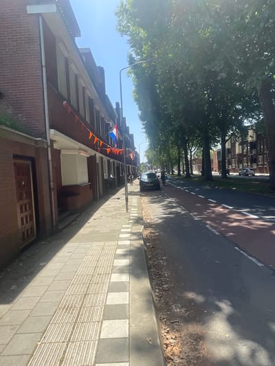 The image depicts a street scene in Venlo, Netherlands, during the daytime under clear skies. The perspective is from a low angle, looking up and along a street lined with trees and residential buildings. The image is oriented vertically, making the street appear to run from the bottom right to the top left.
On the left side of the street, a row of brick houses with prominent windows and some decorative trim is visible. Small orange flags are strung along the rooftops of some of these houses, and a Dutch flag is also displayed. Trees with dense green foliage cast shadows on the houses and the street.
The street itself is paved with asphalt and has a red-tinted section that appears to be a bike lane or part of the road. White lines mark the edges of the lanes. There is a sidewalk on the right side of the street, made of grey tiles, with a textured strip indicating a pedestrian crossing or tactile paving. Fallen leaves are scattered on the sidewalk and the edge of the road, suggesting it may be late summer or early autumn.
Several objects are visible on the street. A black car is parked on the right side of the road, and further down the street, other vehicles, including what appears to be a scooter or motorcycle, can be seen. A streetlight is visible in the foreground on the left, partially obscured by trees. The overall impression is a quiet residential street, possibly decorated for a local celebration given the flags. The lighting suggests it is a sunny day. No people are clearly discernible in the image.