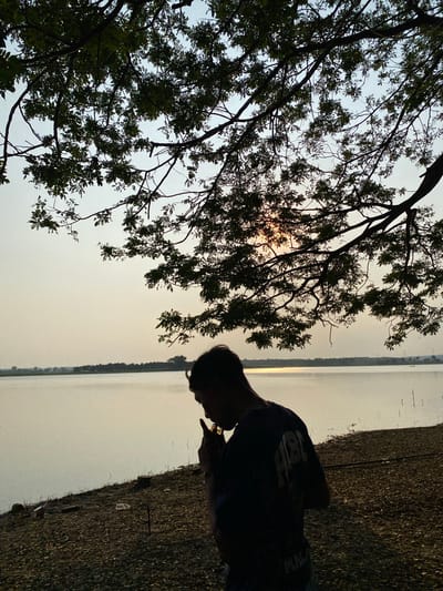 The image captures a serene outdoor scene, likely during sunset or sunrise given the soft, diffused light. The setting appears to be a natural environment, possibly near a body of water like a river or lake, with a bank composed of rough, textured material.

In the foreground, silhouetted against the bright sky, is a person wearing a dark t-shirt. The person is in profile, looking down and appearing to be holding something small in their hands. The posture suggests contemplation or focus on a task.

Dominating the left side of the frame are the dark branches and leaves of a large tree, its silhouette contrasting with the lighter sky. The leaves are dense, creating a natural canopy.

The water's surface is calm, reflecting the diffused light, and a faint line of what could be land or vegetation is visible in the distance. The ground on the right is covered in small, dark objects, perhaps pebbles or dried organic matter, with a few scattered items that could be debris, including a plastic bottle.

The overall mood is peaceful and quiet, with the natural elements of the tree, water, and sky creating a tranquil atmosphere. The time of day is indicated by the warm, muted light filtering through the tree branches. The location context of Pajaran, East Java, suggests a tropical or subtropical environment, consistent with the lush foliage visible. No discernible text is visible in the image.