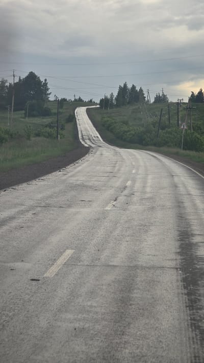 This image depicts a two-lane asphalt road under an overcast sky in Leninogorsk, Russia. The road surface is wet, showing reflective patches, particularly in the distance, and exhibits signs of significant wear, including numerous cracks, unevenness, and potholes. A faded, dashed white line marks the center of the road. The road gently curves to the right in the foreground and mid-ground, then ascends sharply and curves to the left in the distance, disappearing over a crest. The right shoulder of the road in the foreground is dark and slightly elevated. Both sides of the road are flanked by green vegetation, consisting of grass, bushes, and scattered trees, with denser tree clusters appearing further uphill. Numerous utility poles carrying power lines run parallel to the road on both sides. On the right side of the road, in the mid-ground, a white triangular warning sign with a black border and an internal black symbol (likely indicating an uneven road or other hazard) is visible. In the distant left, amidst the trees and utility poles, an oil pumpjack is discernible. No people or vehicles are present in the scene. The lighting is diffused, consistent with an overcast day.