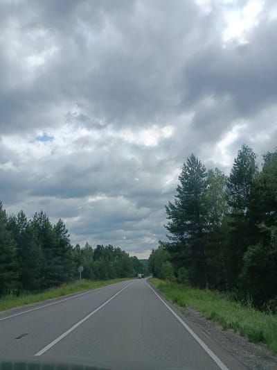 The image depicts a rural road in the city of Gribchikha, Russia, with a two-lane asphalt surface and white lane markings. The road is flanked by dense coniferous and deciduous trees on both sides. The sky is overcast with heavy, dark gray clouds. A single vehicle, appearing to be a van or small truck, is visible in the distance on the right lane. There is a traffic sign on the left side of the road. The overall scene suggests a somber, cloudy day in a wooded, undeveloped area.