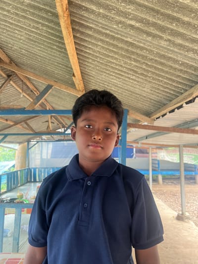 A young male, approximately 10-14 years old, of Southeast Asian descent, stands centered in the frame, facing the camera with a neutral expression. He wears a dark blue, short-sleeved polo shirt with two of the three placket buttons unfastened. The image captures him from the mid-torso upwards. He is positioned within an open-sided, semi-sheltered structure located in Gembong, Indonesia. Above him, a light grey, corrugated metal roof is visible, supported by an exposed skeletal framework of unpainted wooden beams and blue-painted wooden or metal struts. To the subject's left, a light blue railing extends horizontally, behind which a surface holds a light-colored beverage in a cup and other small, indistinct items, with green foliage visible in the far background. To the subject's right, additional structural elements are visible, leading to a background area of light-colored, possibly sandy, ground. Ambient daylight illuminates the scene.