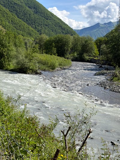The image depicts a confluence of two rivers in Pasanauri, Georgia. The river on the left is milky white, likely due to glacial silt, and appears to be turbulent. The river on the right is a darker, muddier color and also shows significant flow with rocks visible on its banks. Lush green mountains flank the river valley, with dense trees covering their slopes. The sky is partly cloudy with bright white clouds against a blue background. In the foreground, there is overgrown vegetation, including bushes and tall grasses, with a chain-link fence visible on the left side of the frame. The scene is a natural landscape showcasing the powerful flow of mountain rivers.