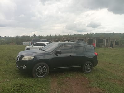The scene is an open field in Moticho ward, Kenya, under a cloudy sky. The ground is covered with green grass and patches of bare soil. In the foreground, a dark-colored Toyota RAV4 SUV is parked. Behind it, there are other vehicles, including a white sedan and a dark-colored pickup truck. In the background, there is an unfinished building with exposed brick walls, suggesting ongoing construction. Further in the background, a line of trees and vegetation marks the horizon. A person wearing a red shirt is standing near the unfinished building. The overall impression is a rural or semi-rural environment with construction activity and parked vehicles.