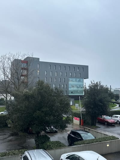 The image depicts an overcast and wet urban or semi-urban environment in Saint-Herblain, France, consistent with recent or ongoing rain, evidenced by glistening surfaces. The central focus is a modern, multi-story building with a dark grey, possibly metal-paneled facade. The building features numerous vertically oriented rectangular windows arranged in a grid pattern. A significant portion of the lower-right side of the building is composed of a multi-story glass curtain wall, revealing interior spaces and a large white letter "D" visible on an internal partition. The top floor on the right side of the building extends outwards, creating a pronounced overhang. On the left side of the structure, a red-colored architectural detail, possibly balconies or an accent, is visible.
In the mid-ground, a large, dense evergreen tree with dark foliage stands prominently, partially obscuring a red hatchback parked beneath it. To the left of the main building, a deciduous tree with bare branches is present. Below the evergreen tree, a wet asphalt parking lot contains several vehicles. A black hatchback is parked at an angle in the immediate mid-ground, behind a low green hedgerow. Further back, a red hatchback and a white car are parked side-by-side. A white barrier arm, with a red bollard at its base, controls access to a section of the parking area, adjacent to a white sign with illegible text. Low green hedgerows and bushes delineate various sections of the scene, separating paved areas from small patches of grass. In the immediate foreground, partially visible, are the roofs and upper portions of a silver car and a white car. No people are visible within the frame.