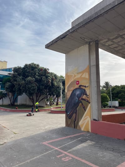 An outdoor scene depicts a large mural of a beetle on the side of a concrete pillar supporting an overhead structure. A small red heart icon with a white outline is positioned above the beetle's head. The pillar is part of a modern building, possibly a parking garage or public transport hub, with a concrete roof overhead.
In the middle ground, a person wearing a high-visibility yellow vest and dark pants is operating a lawnmower on a patch of grass. Nearby, a leaf blower and a broom are placed on the ground. To the left of the man, a large, dense green tree with red berries is prominent, and behind it, a modern building with blue-tinted windows is visible.
The foreground shows a paved area with square tiles and painted red lines, possibly indicating parking spaces. A few small, white specks are scattered on the pavement. The sky is partly cloudy with a light haze. In the background, a white truck is parked. The location appears to be a public space within La Línea de la Concepción, Spain, characterized by its urban infrastructure and landscaping.