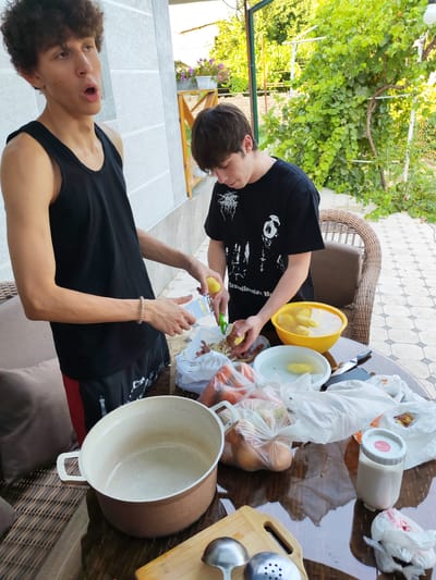 Two young men are standing at a table outdoors, preparing food. The man on the left, wearing a black tank top and shorts with red trim, has curly dark hair and is looking to his left with his mouth open. He is holding a peeler and a potato, and appears to be peeling it. A beaded bracelet is visible on his left wrist. The man on the right, wearing a black t-shirt with a graphic design and long pants, is focused on peeling potatoes. He is standing behind a yellow bowl filled with peeled potatoes and water.
The table is set with various items, including a large pot, bags of produce such as onions and carrots, and bowls of water with potatoes. A wooden cutting board and kitchen utensils are also present. In the background, there is a building with white siding and a railing. Lush green foliage, including grapevines, hangs overhead, suggesting an outdoor setting with ample sunlight, likely late morning or early afternoon. The overall scene appears to be a casual outdoor meal preparation.
There is visible text on the t-shirt of the man on the right, though it is difficult to read clearly. A small white jar with a pink label is on the table; the label has some text, including "milkcok." The location is specified as Yalangach, Uzbekistan. The weather appears to be sunny and warm.