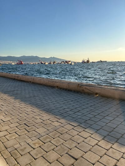 The image shows a cobblestone walkway along the waterfront in İzmir, Türkiye. The walkway is located near the coordinates 38.438 latitude and 27.141 longitude. In the distance, there are numerous boats and ships. The water is a calm blue, and the sky is a clear blue. The sun is setting, casting a long shadow over the walkway. There are no people visible in the image.