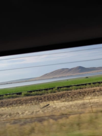 The image depicts a wide, natural landscape, likely taken from a moving vehicle, as suggested by the slight blur. In the foreground, a band of dry, brownish-yellow ground with some vegetation is visible, possibly indicating a field or arid terrain. Above this, a vibrant green field stretches horizontally across the mid-ground, suggesting agricultural cultivation. Beyond the green field, a body of water, likely a lake or a wide river, is present. In the background, rolling hills, light brown in color and covered in sparse vegetation, dominate the horizon. The sky is a pale blue with faint clouds. The image appears to be a rural scene, devoid of any urban elements or identifiable structures. The description does not include any information about the city of Молодёжный, Kazakhstan, as it cannot be determined from the visual content of the image.