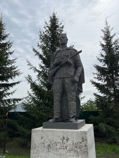 The image depicts a bronze statue of a soldier standing on a concrete pedestal, likely a war memorial. The soldier is wearing a uniform and holding a weapon. The statue is surrounded by evergreen trees. The sky is overcast. The location is Введенская Слобода, Russia.