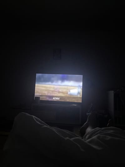 The scene depicts an interior room in the city of Senden, Germany, characterized by low ambient light, primarily illuminated by a television screen. One individual is partially visible in the foreground, lying down under a light-colored duvet or blanket, with their head oriented towards a centrally positioned flat-screen television. The television displays a wide shot of an outdoor landscape, featuring a dark or stormy sky above an open field, with a white, indistinct object visible on the right side of the screen. Subtitles reading "КОЖА" (KOZHA, meaning "SKIN" in Cyrillic) are present at the bottom of the television display. The television rests on a dark media console, which has a light-colored object positioned on its left side. A small, framed item is faintly discernible on the wall directly above the television. Additional furniture or objects are indistinctly visible in the darkened background to the right of the frame.